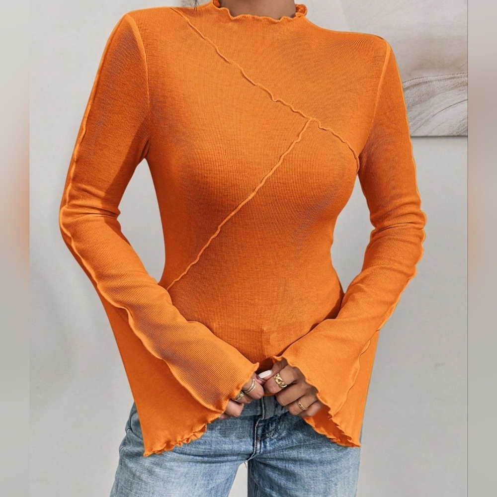 Orange Ruffled Women's Flare Sleeve Top
